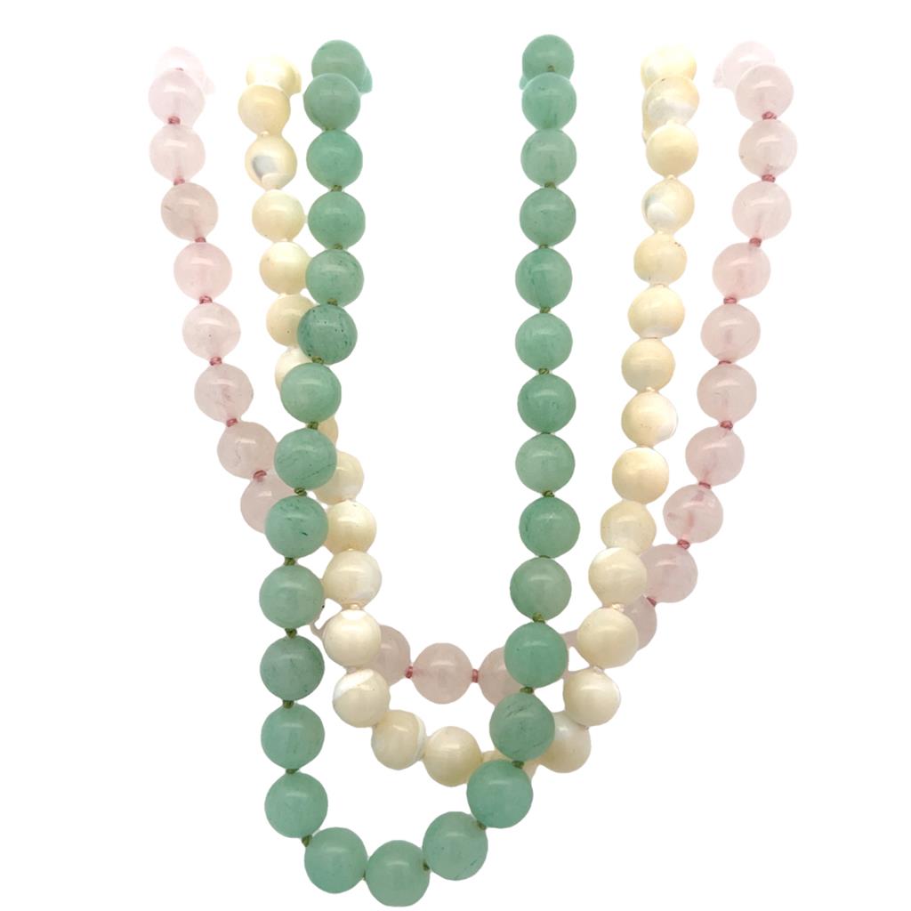 Estate Sterling Silver Mother of Pearl, Aventure, and Rose Quartz Bead Necklace、mySite、botmansion