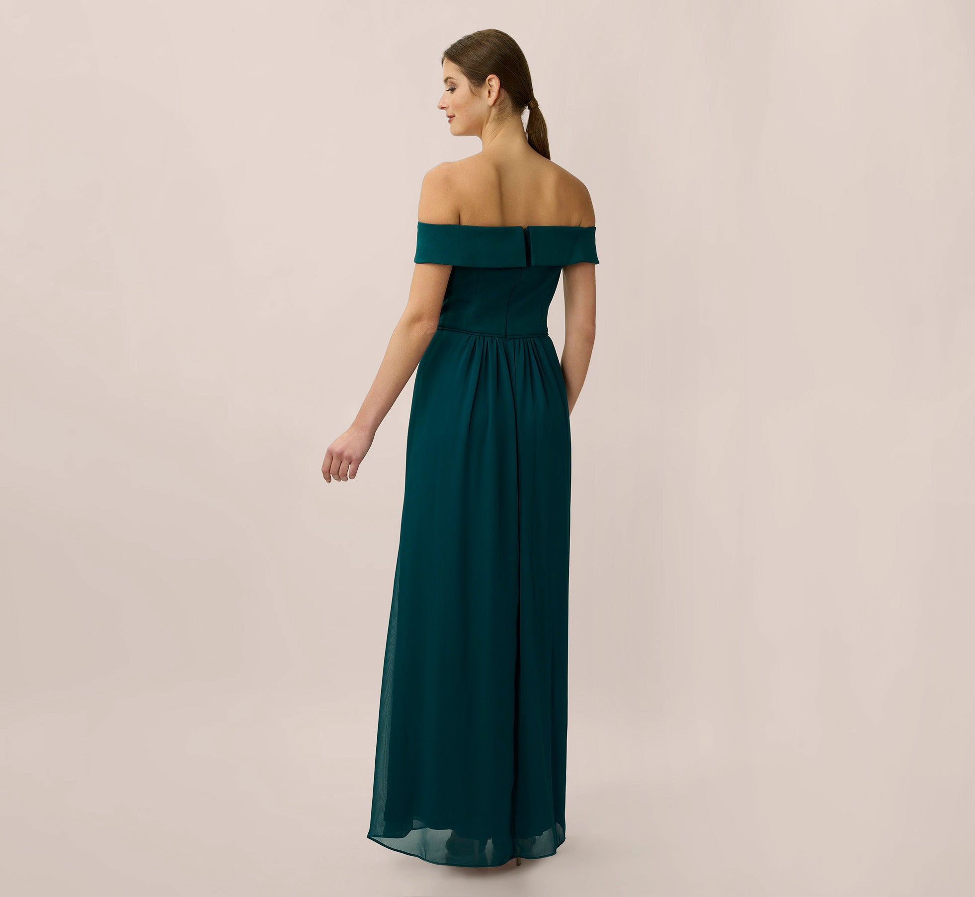 Off The Shoulder Crepe Chiffon Gown With Soft Skirt In Hunter、mySite、solidvoid