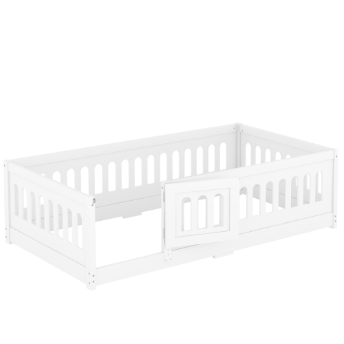 Twin Size Floor Bed with Heightened Safety Guardrails and Door, Solid Wood Bedframe with Rails for Girls, Boys, Teens, Child Bedroom, Kids Playroom, No Slats Included, White、、casual