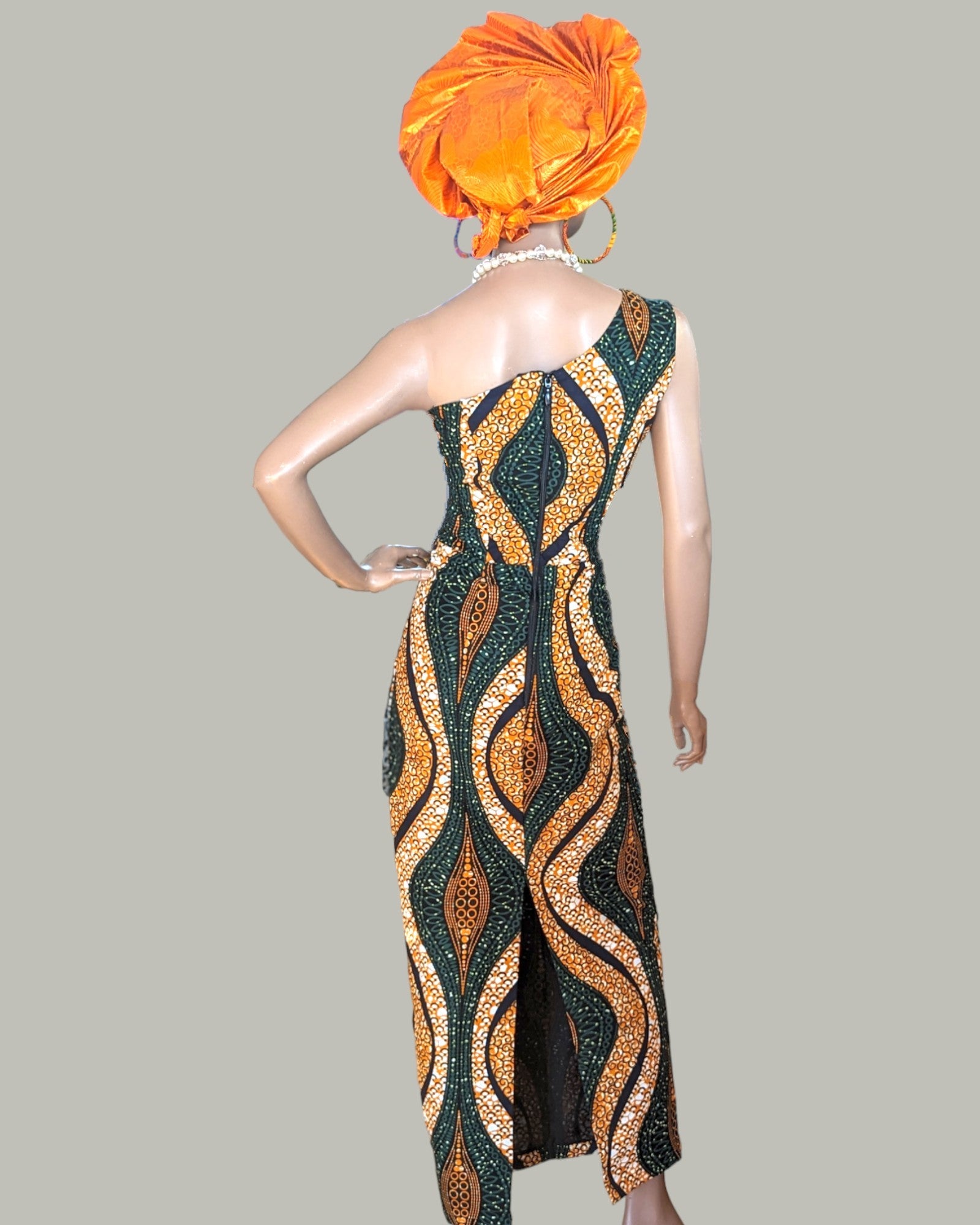 Naija Regalia Elegance Green Orange One-Shoulder Cutout Ankara African Print Dress-DP65OGD、mySite、solidvoid