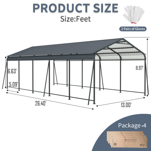 12 X 32 FT Carport, Heavy Duty Carport with Galvanized Steel Roof and Frame, Metal Carport Large Garage with 4 Fixed inclined square tube supports for Driveway Car, Truck、、eastwooduniform