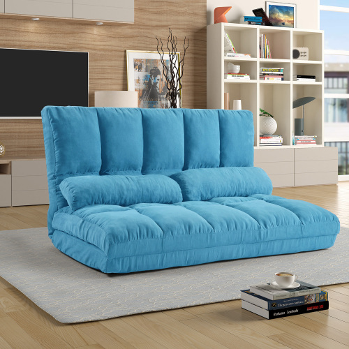 Double Chaise Lounge Sofa Floor Couch and Sofa with Two Pillows (Blue)、、casual