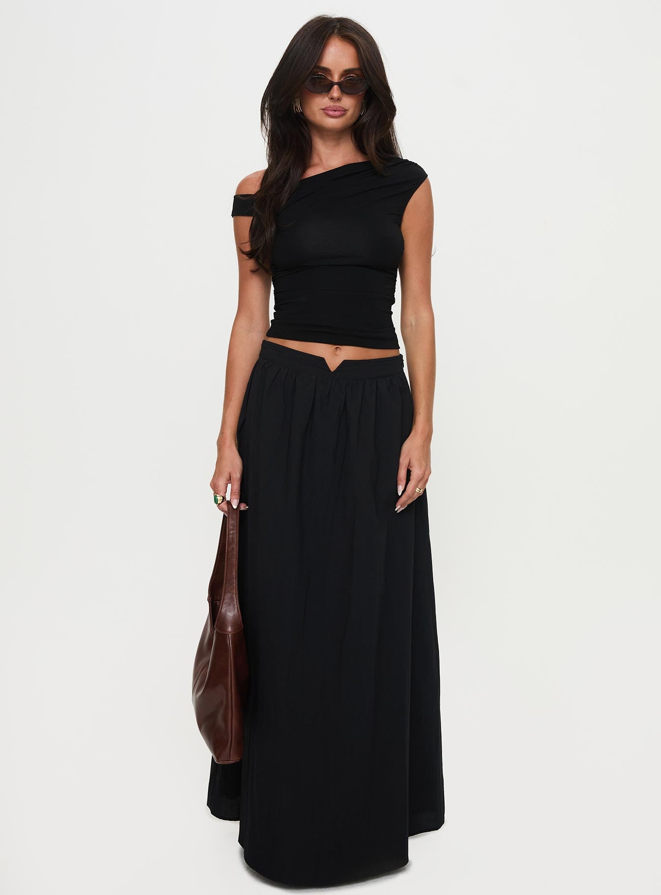 Rennata Gathered Mid Rise Maxi Skirt Black、mySite、solidvoid