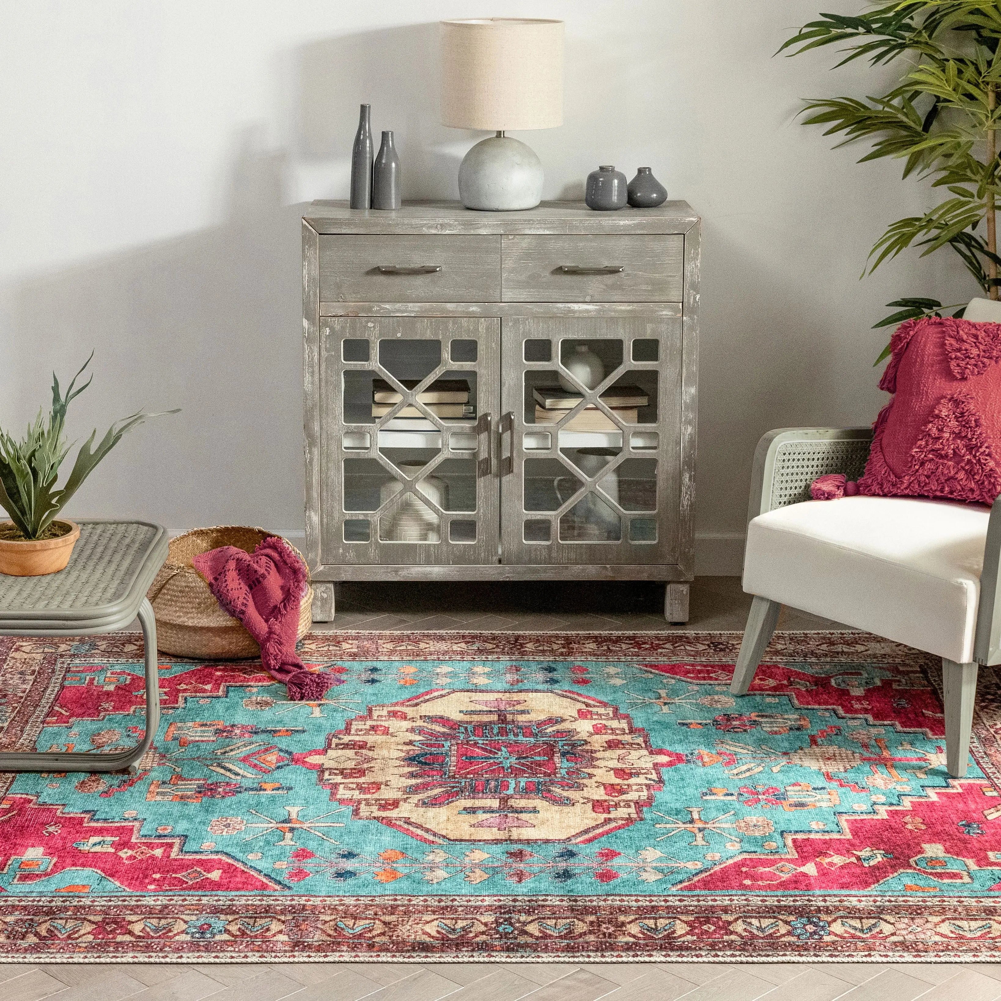 Shasta Machine Washable Vintage Bohemian Medallion Persian Blush Turquoise Flat-Weave Distressed Rug、mySite、gigharbornorthrealestate