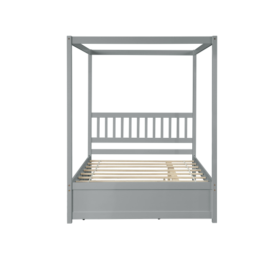 Full Size Canopy Bed with Twin Trundle, Kids Solid Wood Platform Bed Frame w/ Headboard, No Box Spring Needed Grey Color、、xpatfood
