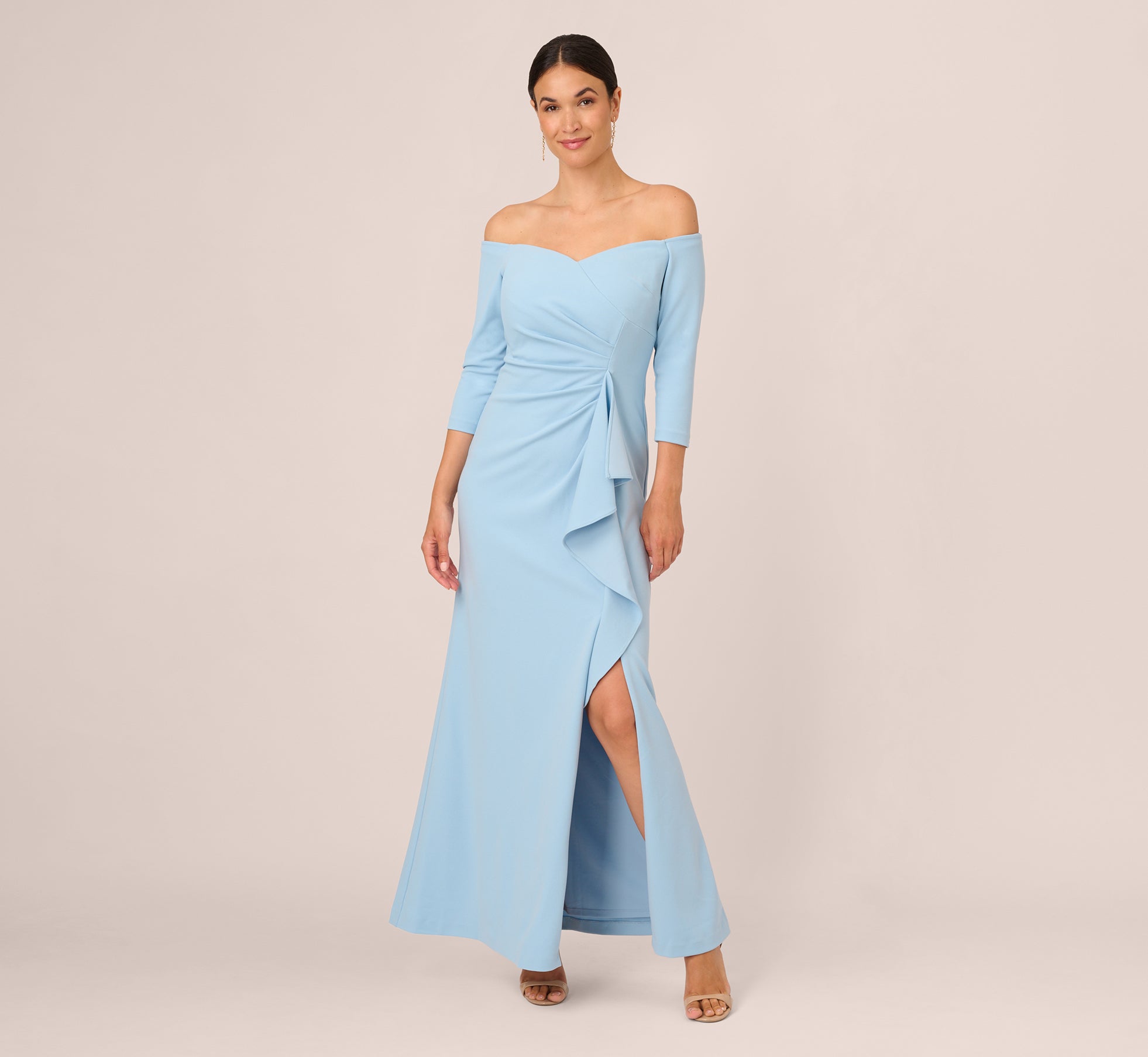 Off The Shoulder Cascading Ruffle Gown In Blue Mist、mySite、solidvoid