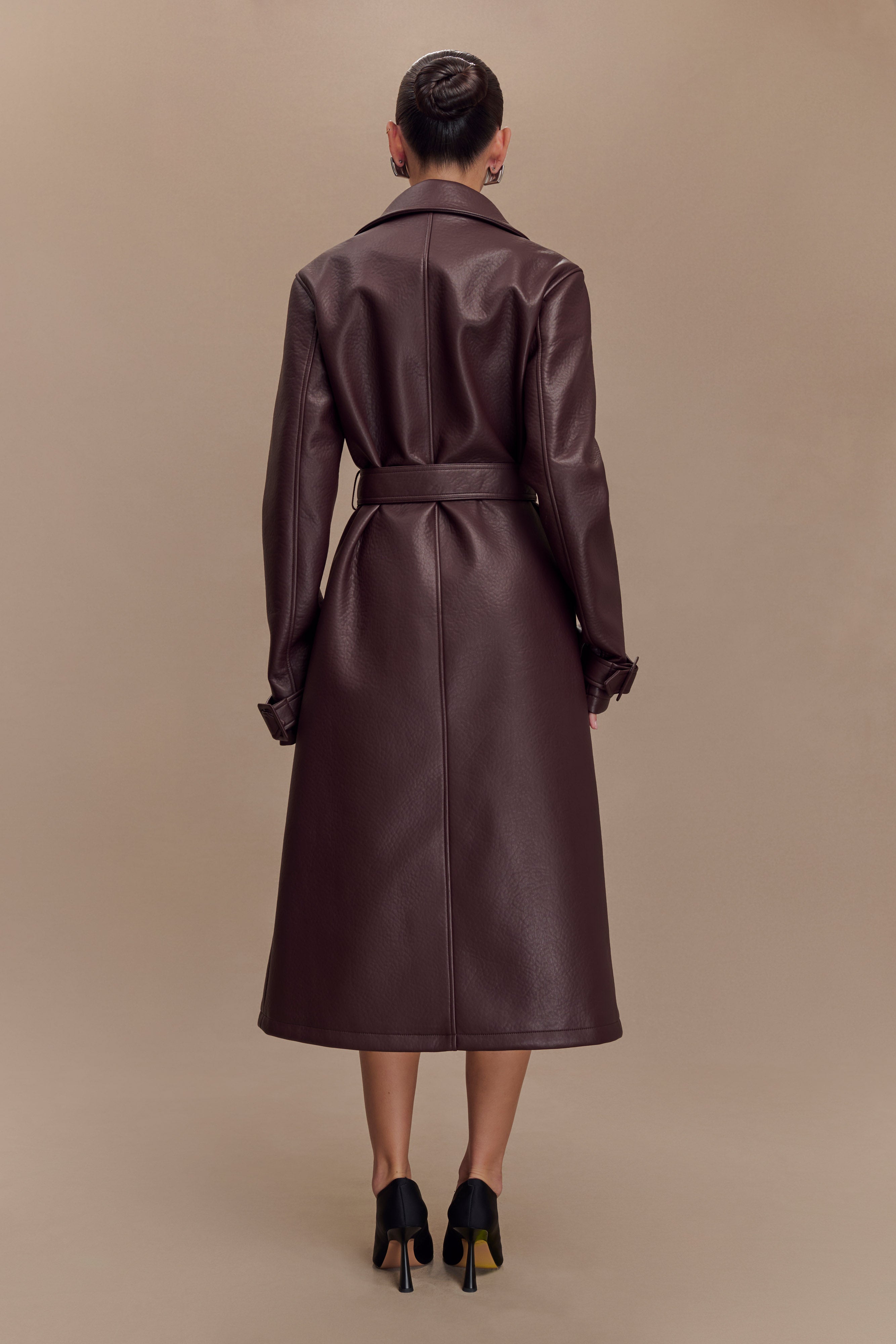 Tarah Faux Leather Trench Coat - Cacao Brown、mySite、solidvoid