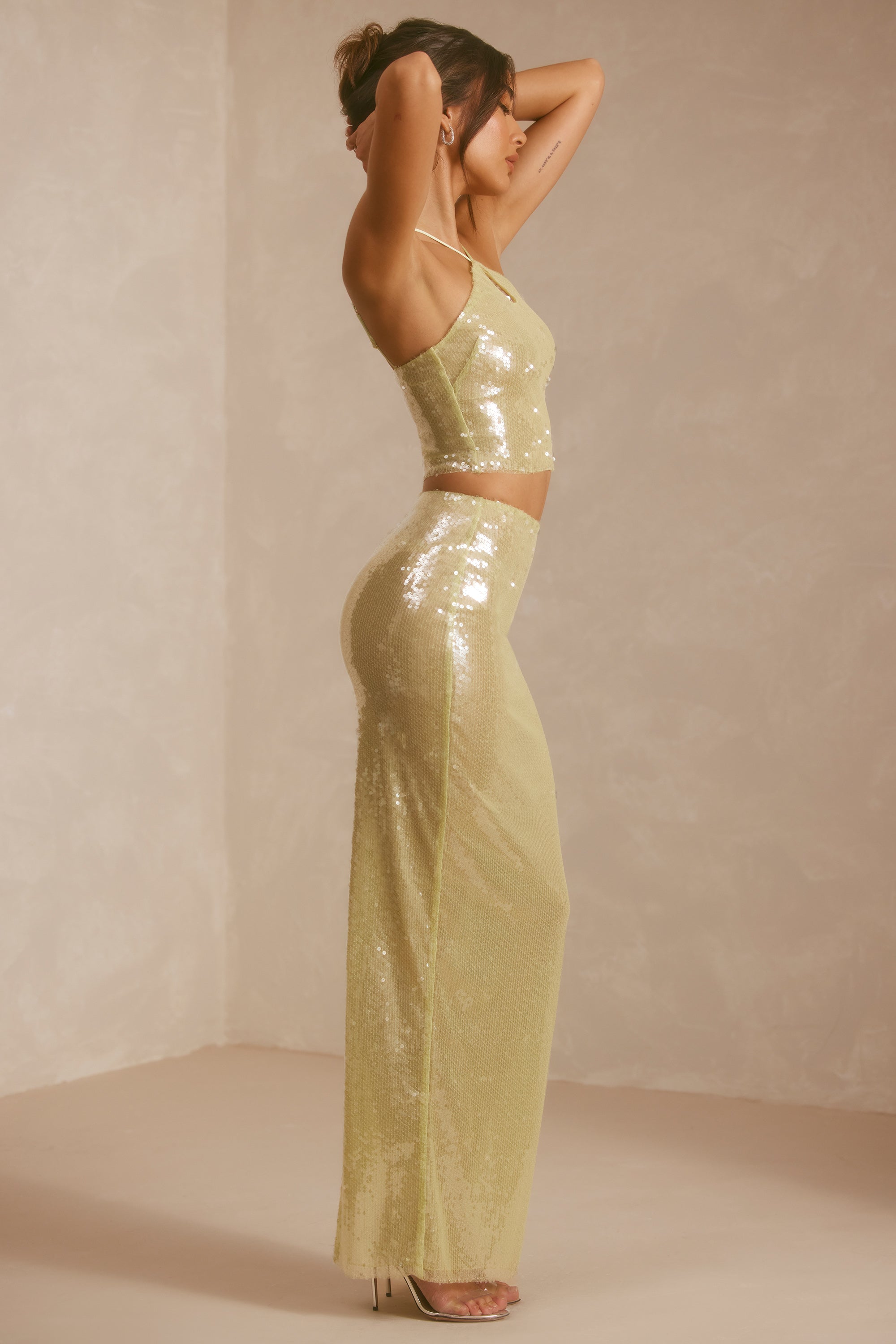 Sheer Sequin Mid Rise Maxi Skirt in Pistachio、mySite、solidvoid