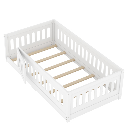 Twin Size Floor Bed with Heightened Safety Guardrails and Door, Solid Wood Bedframe with Rails for Girls, Boys, Teens, Child Bedroom, Kids Playroom, No Slats Included, White、、casual